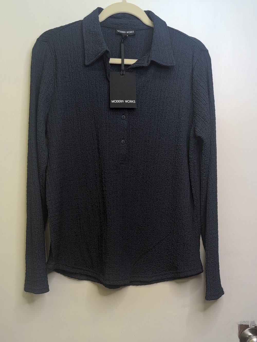 Women's Long Sleeve Textured Polo - Navy Medium